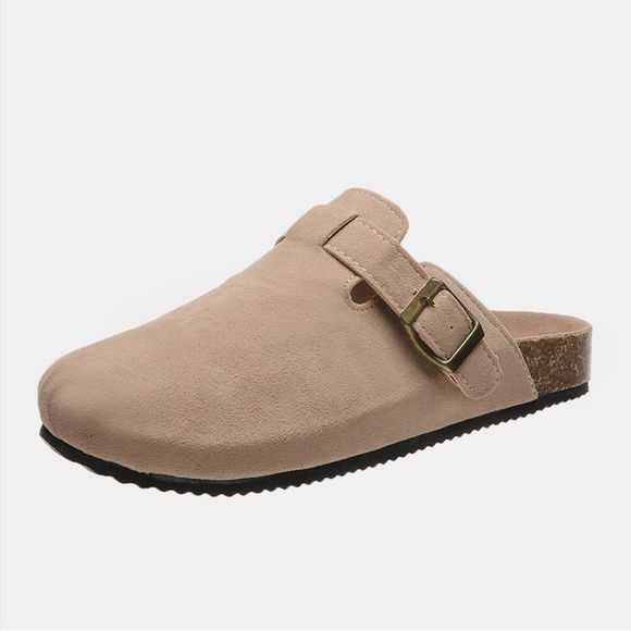 Camel Colored Suede Closed Toe Buckle Slide - Picture 2 of 5
